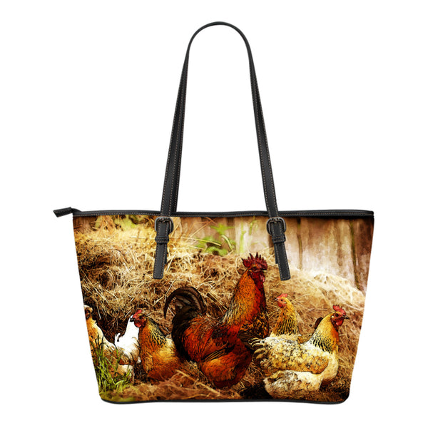 Cock and Hens Small Leather Tote Bag