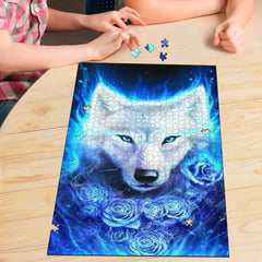 White Wolf Blue Rose Jigsaw Puzzle