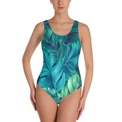 Turquoise & Green Tropical Leaves Design Swimsuit